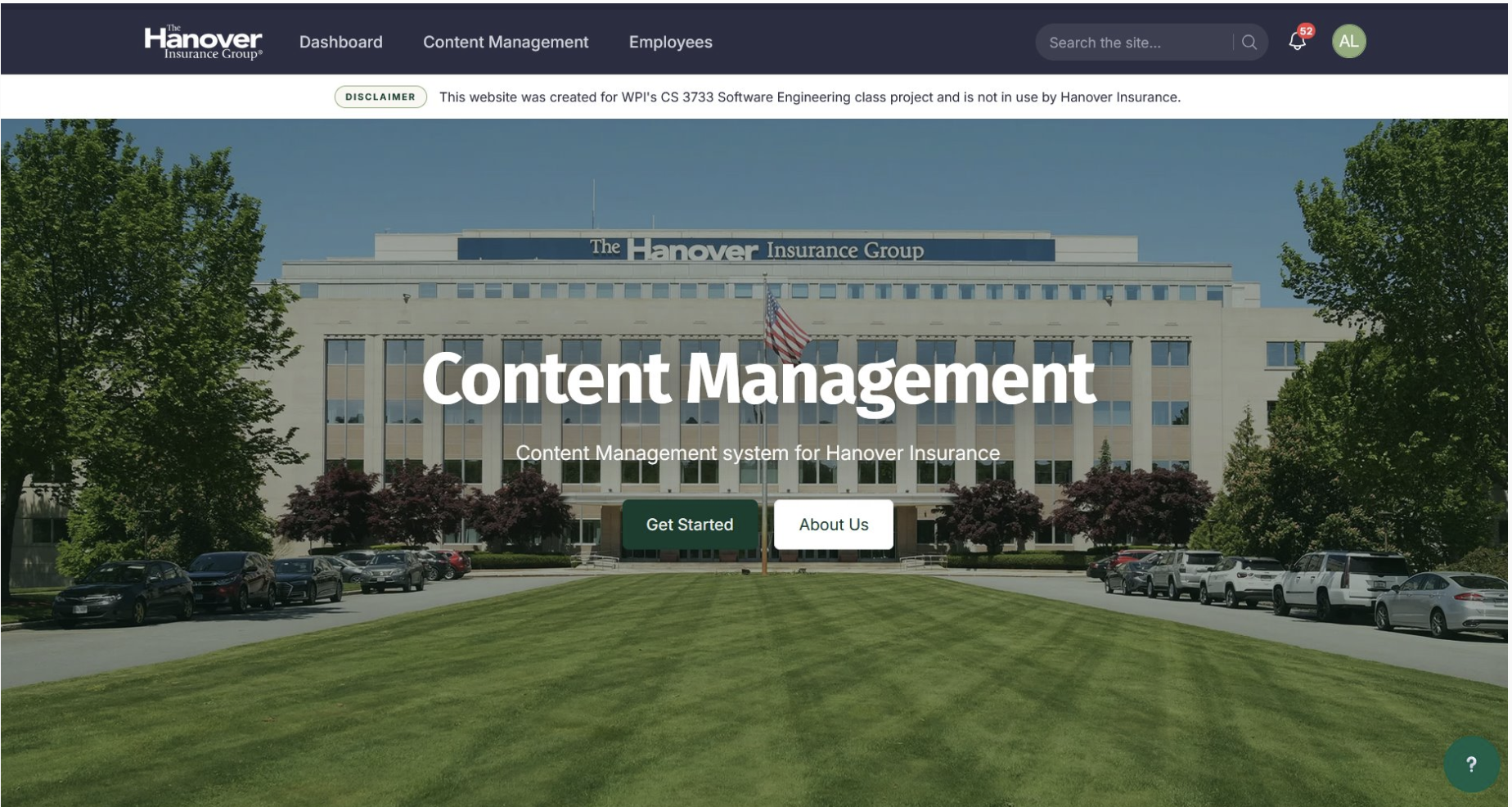 Content management system home page from the Hanover Insurance web application